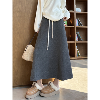 灰色醋酸羊毛针织半身裙女秋冬加厚绒感中长款伞裙显瘦a字裙长裙