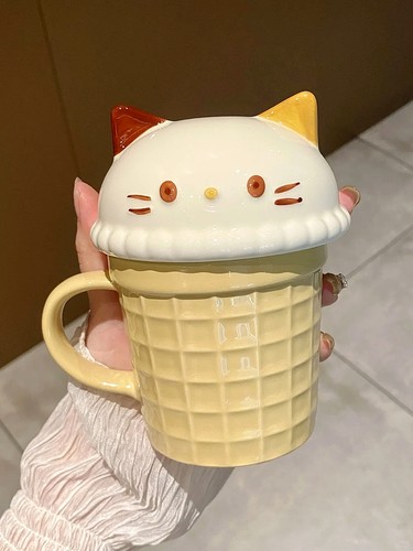 可爱冰淇淋猫咪甜筒陶瓷马克杯高颜值创意咖啡杯带盖情侣闺蜜杯子