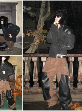 CAXx 麂皮拼皮铆钉伐木裤Suede patchwork rivet logging pants