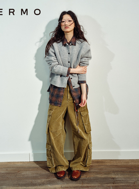 VERMO 复古水洗褪色做旧质感 灯芯绒多口袋挂饰工装宽松休闲裤