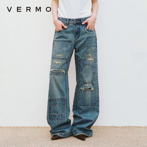 VERMORemake破洞补丁直筒牛仔裤