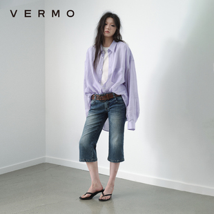 时髦低腰弹力七分卡普里牛仔裤 VERMO 复古扎花猫须水洗