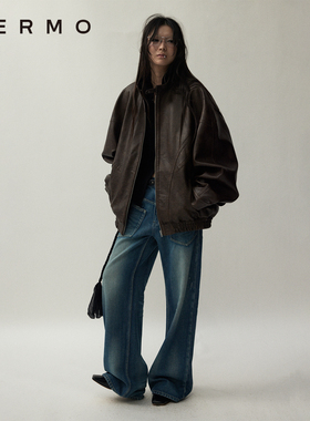 VERMO 复古水洗做旧 男女同款 立领宽松飞行员皮夹克外套