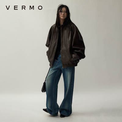 VERMO复古立领拼接皮夹克