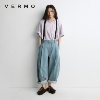 VERMO背带卷边九分牛仔裤
