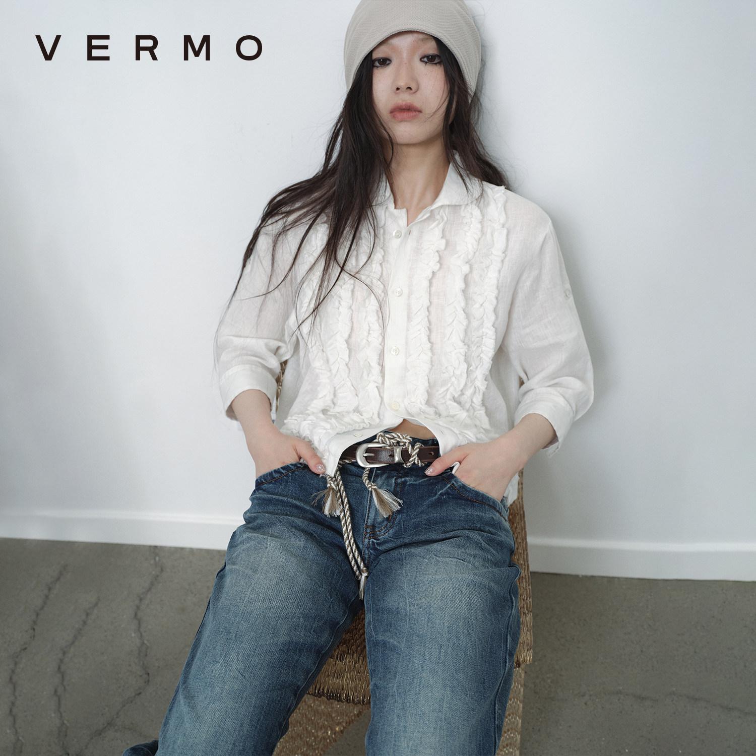 VERMO 舒适的做旧水洗纯亚麻 毛边木耳边 可卷袖七分短袖衬衫
