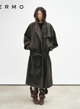 VERMO 美丽复古做旧质感 沉淀时间 褪色洗水低腰位长风衣外套