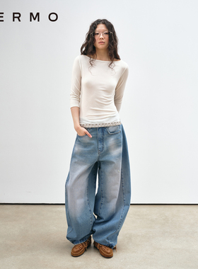 VERMO 复古编织铆钉下摆 舒适修身天丝羊毛一字领七分袖上衣T恤