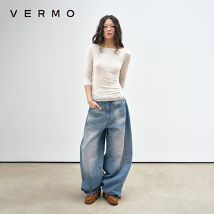 天丝羊毛一字领七分袖 舒适修身 上衣T恤 复古编织铆钉下摆 VERMO