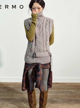VERMO 别致又复古的色彩 混色全羊毛卡胯腰带针织马甲背心