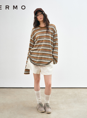VERMO 复古色彩 柔软舒适别致立体肌理感条纹宽松长袖上衣T恤