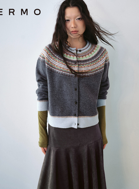 VERMO 温暖治愈轻盈 复古费尔岛圆形提花羊毛开衫外套