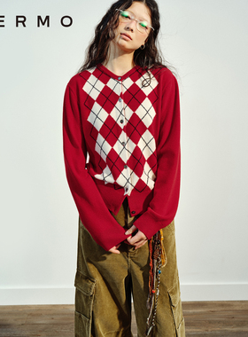 VERMO 别致浅V领 更新经典复古全羊毛提花菱格纹针织开衫毛衣