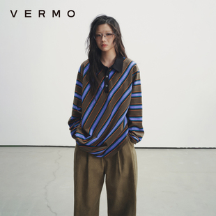 上衣 VERMO 堆叠褶皱 斜裁条纹复古撞色针织长袖 POLO衫