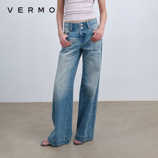复古猫须竹节肌理中低腰双扣直筒牛仔裤 VERMO 清爽春夏水洗色彩