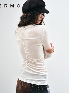 VERMO 柔软舒适天丝羊毛 解构抽褶堆量 弹力修身小圆领长袖打底衫