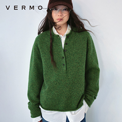 VERMO 美丽花色古着绿 舒适慵懒自然卷边 全羊毛亨利领针织毛衣