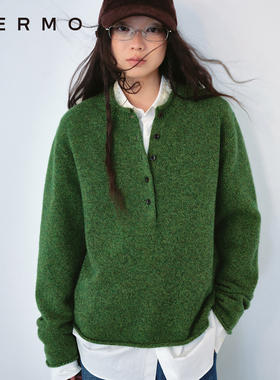 VERMO 美丽花色古着绿 舒适慵懒自然卷边 全羊毛亨利领针织毛衣
