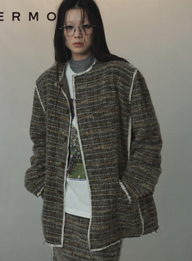 VERMO 复古羊毛混纺 柔软轻松粗花呢毛边箱型夹克外套