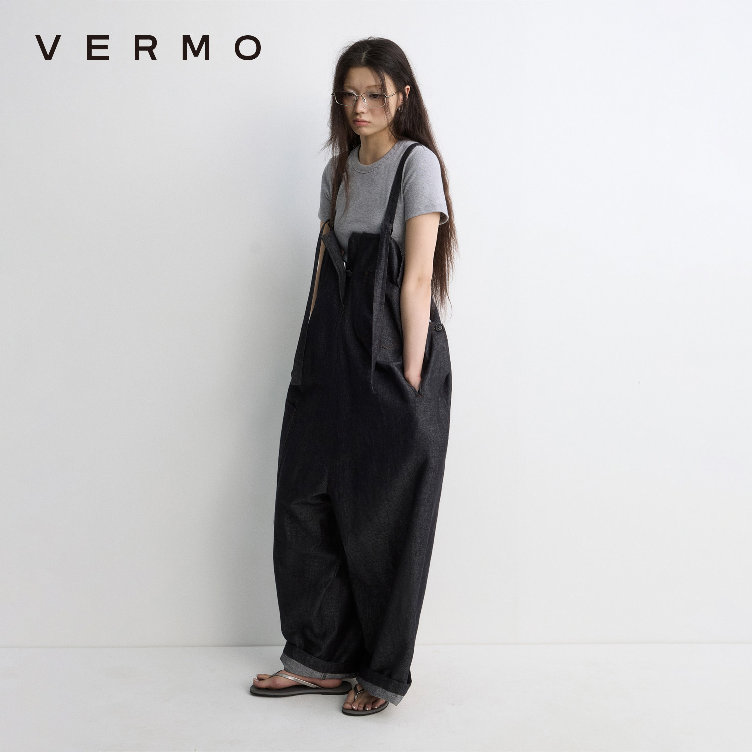 VERMO 复古原牛色 可调节肩带亚麻棉 宽松连体背带休闲裤