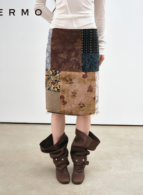 VERMO 记忆碎片模糊重组 复古波嬉拼布低腰直筒开衩半身裙