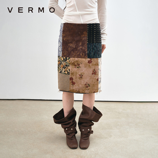 VERMO 复古波嬉拼布低腰直筒开衩半身裙 记忆碎片模糊重组