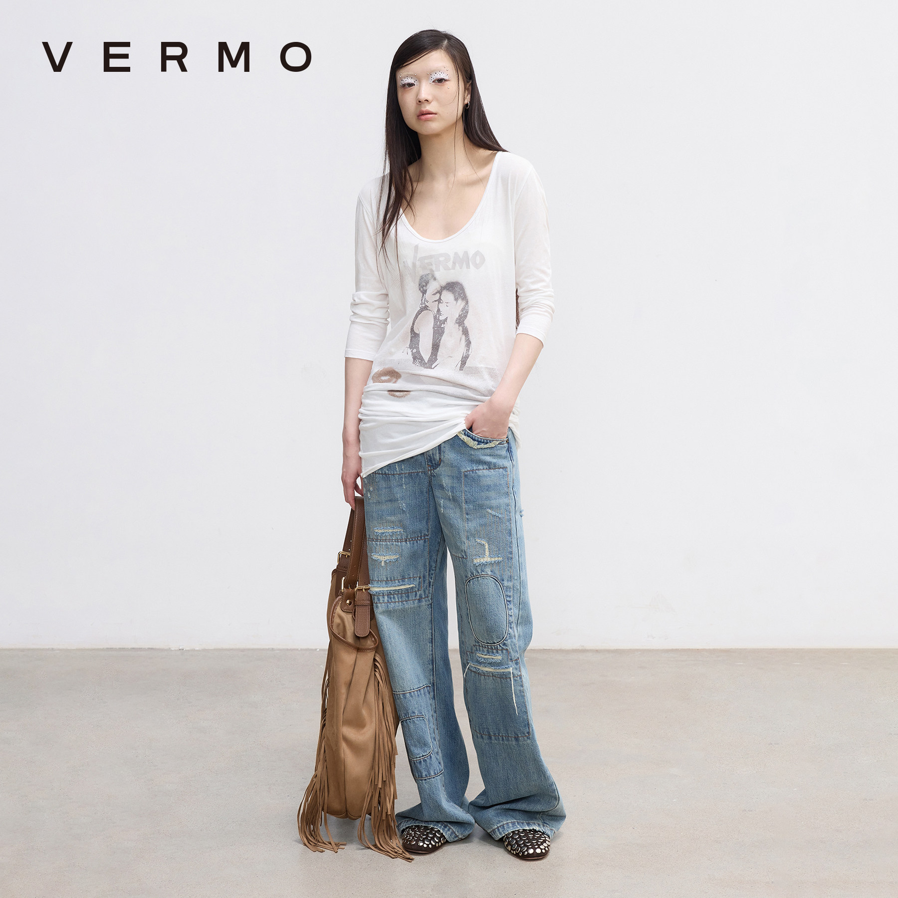 VERMO 摩登旧梦 复古U形领 柔软精梳棉 卡胯包臀中长T恤裙