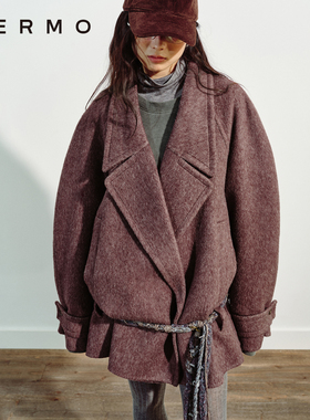 VERMO 轻盈柔软兔毛桑蚕丝羊毛混纺 手工编织腰带短款双面呢外套