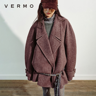 双面呢外套 手工编织腰带短款 VERMO 轻盈柔软兔毛桑蚕丝羊毛混纺