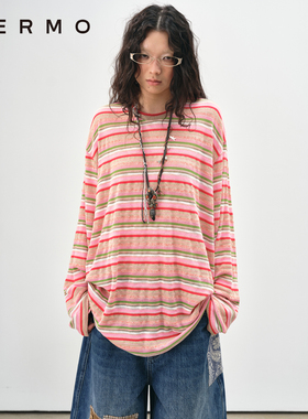 VERMO 复古又明快的色彩 柔软舒适立体肌理感条纹宽松长袖上衣T恤