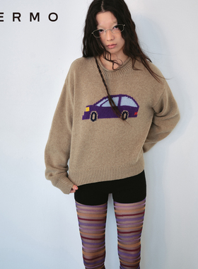 VERMO 复古玩具汽车图案提花 圆领自然卷边羊毛毛衣
