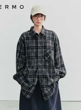 VERMO 复古经典 立体肌理格纹 宽松加厚毛边毛呢衬衫外套