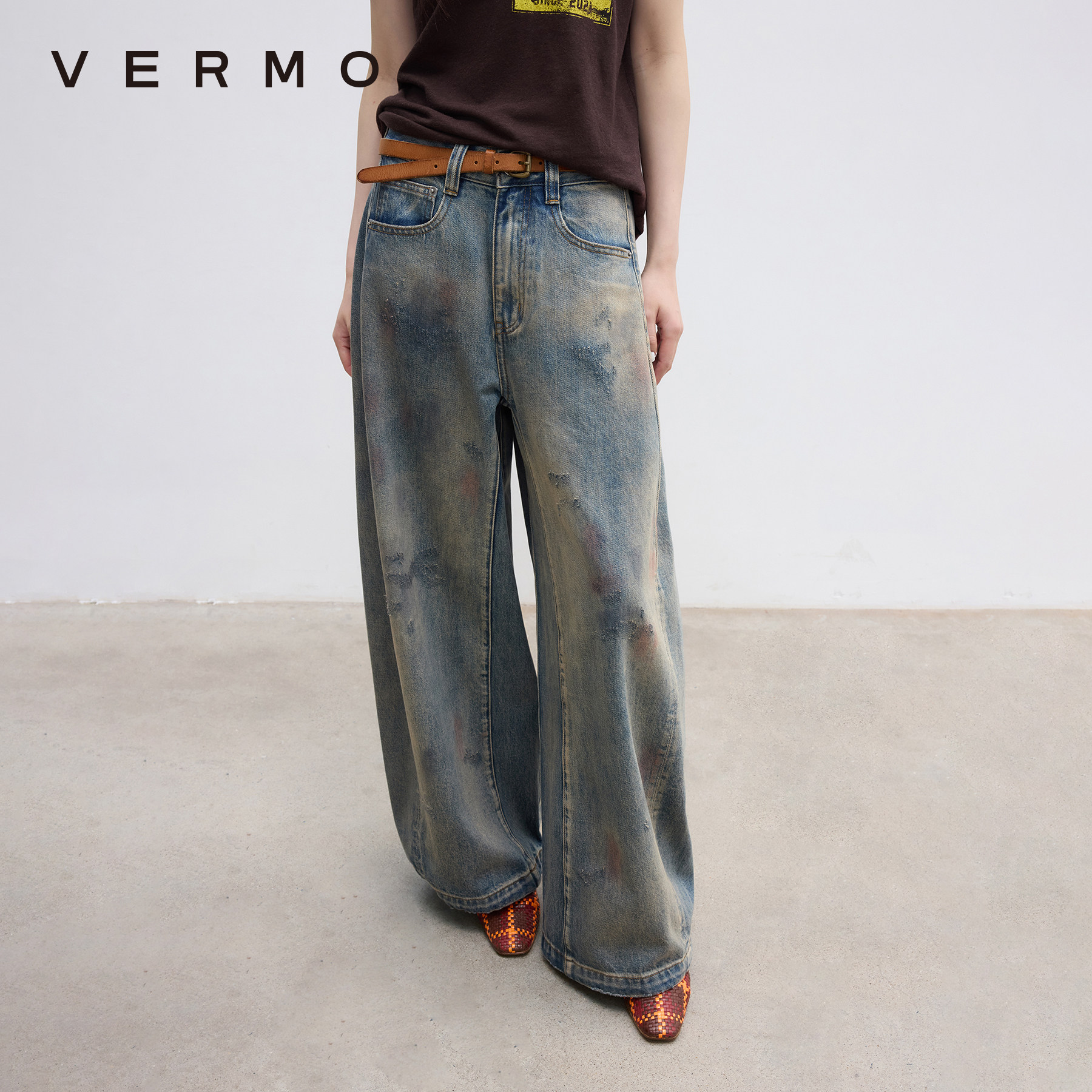 VERMO  落日光晕 复古晕染做旧水洗帐篷廓形宽松牛仔裤