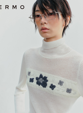 VERMO 冬日初雪纯净白 精致重工手绣羊驼毛打底套头毛衣