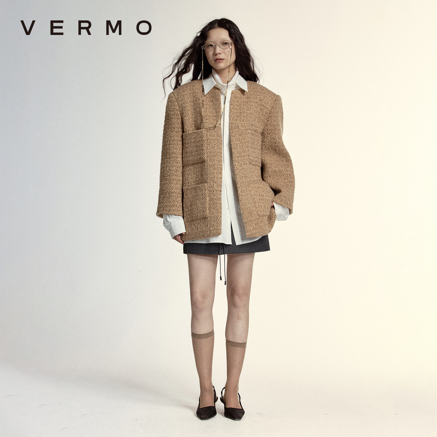 vermo 追溯经典 男女同款复古全羊毛八分广袖粗花呢夹克外套
