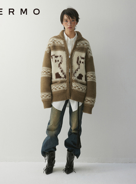 VERMO 复古重磅超厚实全羊毛 炸毛小猫提花 宽松针织毛衣开衫外套