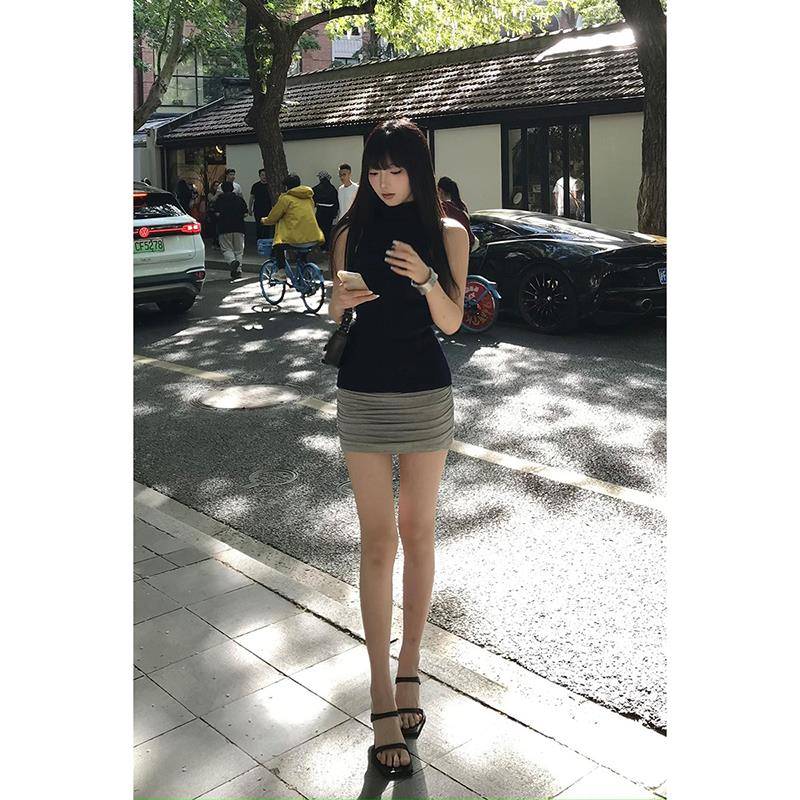 【下周六】辣妹小个子短裙灰色裙裤紧身不规则褶皱包臀裙子女夏季