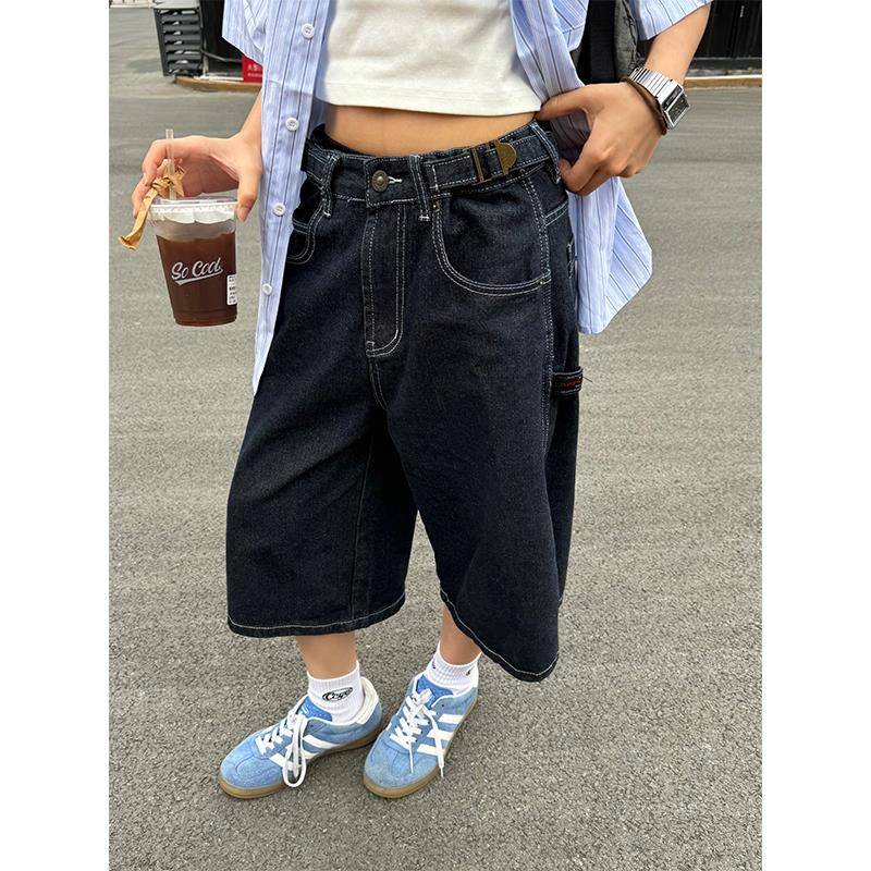 川川也美式复古夏季新款原色牛仔七分裤男女街头宽松阔腿短裤潮牌