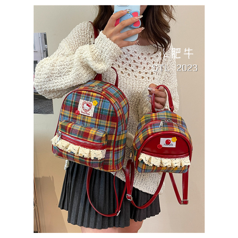学院风复古格纹双肩包包女时尚可爱女生小众蕾丝边书包百搭小背包