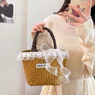 网红泰国草编小包包女超火时尚 芭蕾风草编包海边度假手提沙滩包
