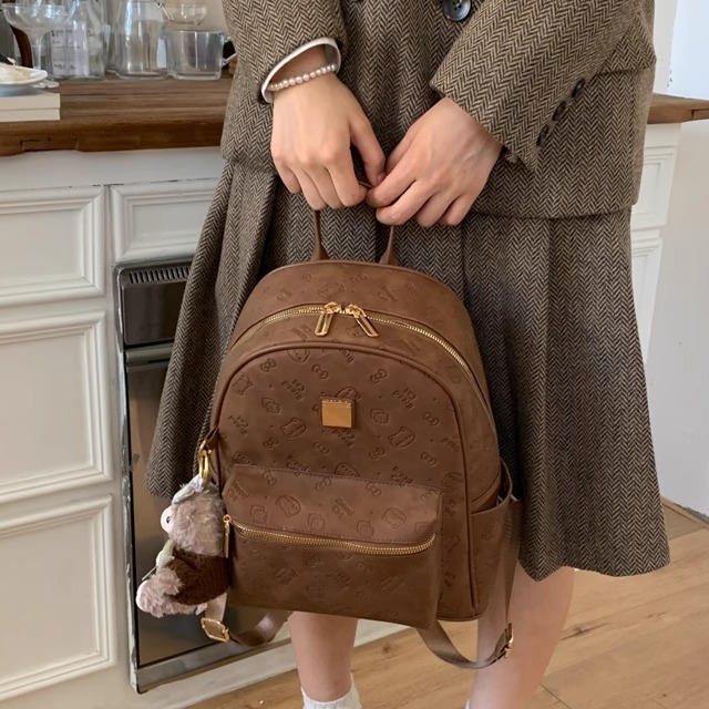 学院风复古双肩包包女时尚小众设计印花卡通书包轻便通勤电脑包