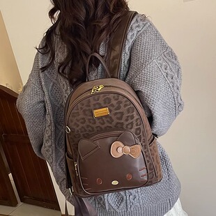 可爱哈喽KT猫豹纹双肩包包女超火网红女生百搭大容量小众通勤背包