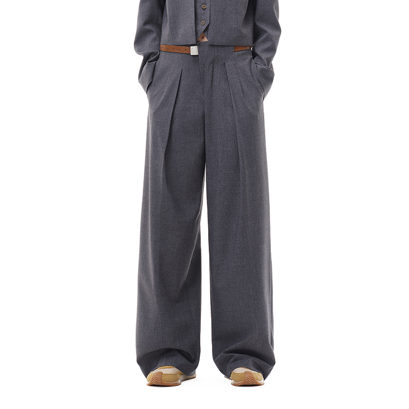 青木灰不对称斜褶腰带装饰长裤