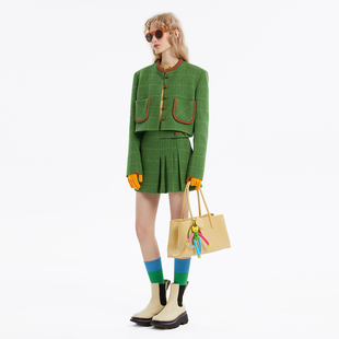 软糖绿格纹高腰褶裥裙裤 N·MORE设计师品牌 秋冬