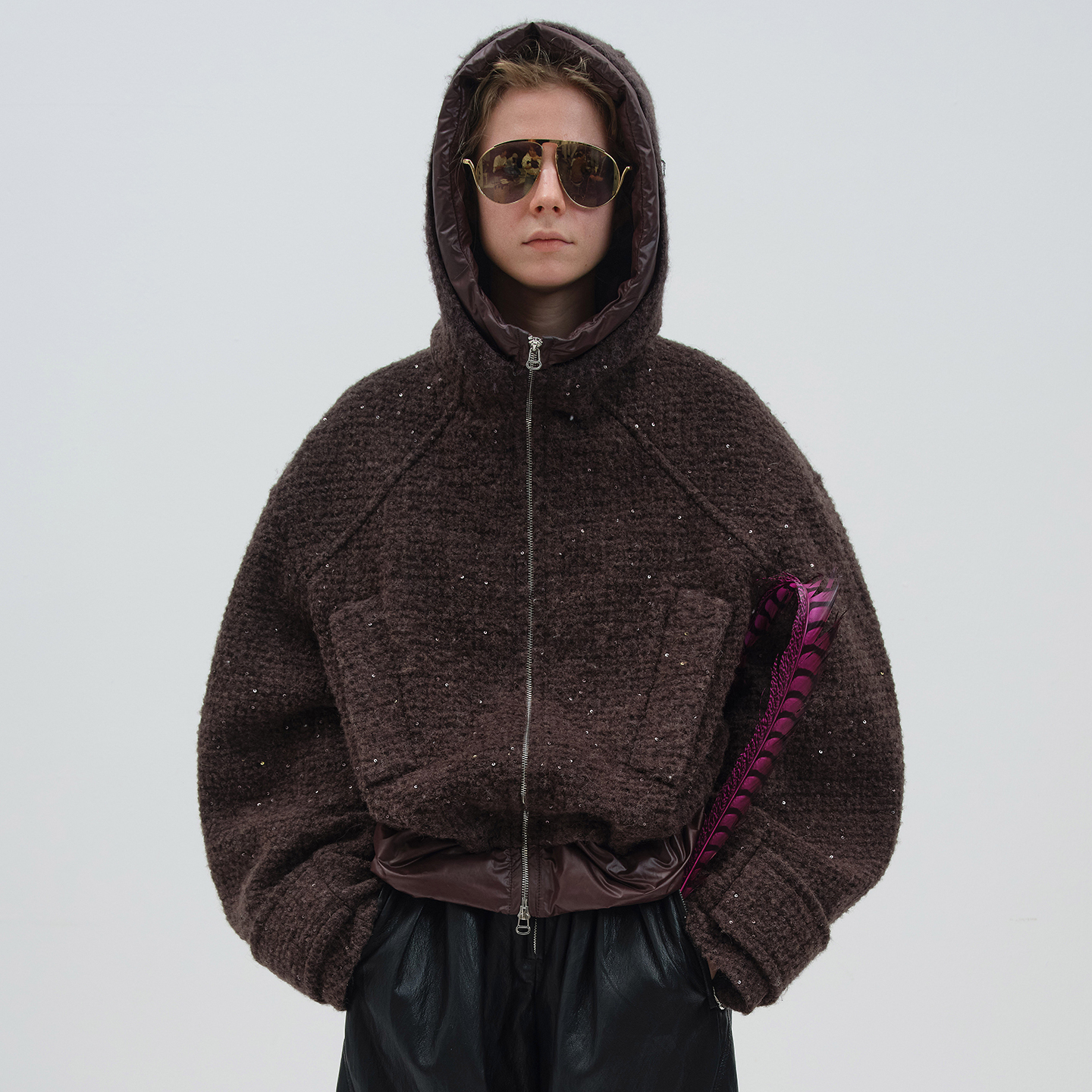 NMORE设计师品牌 25冬季新款 连帽粗纺亮片羊毛新雪丽柔棉外套