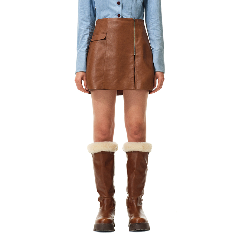 N·MORE设计师品牌  果壳棕拉链装饰pu短裙