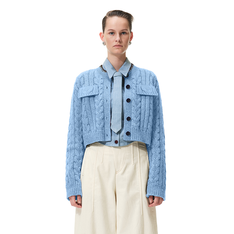 N·MOREN·MORE设计师品牌  千草蓝撞色手钩领羊绒开衫