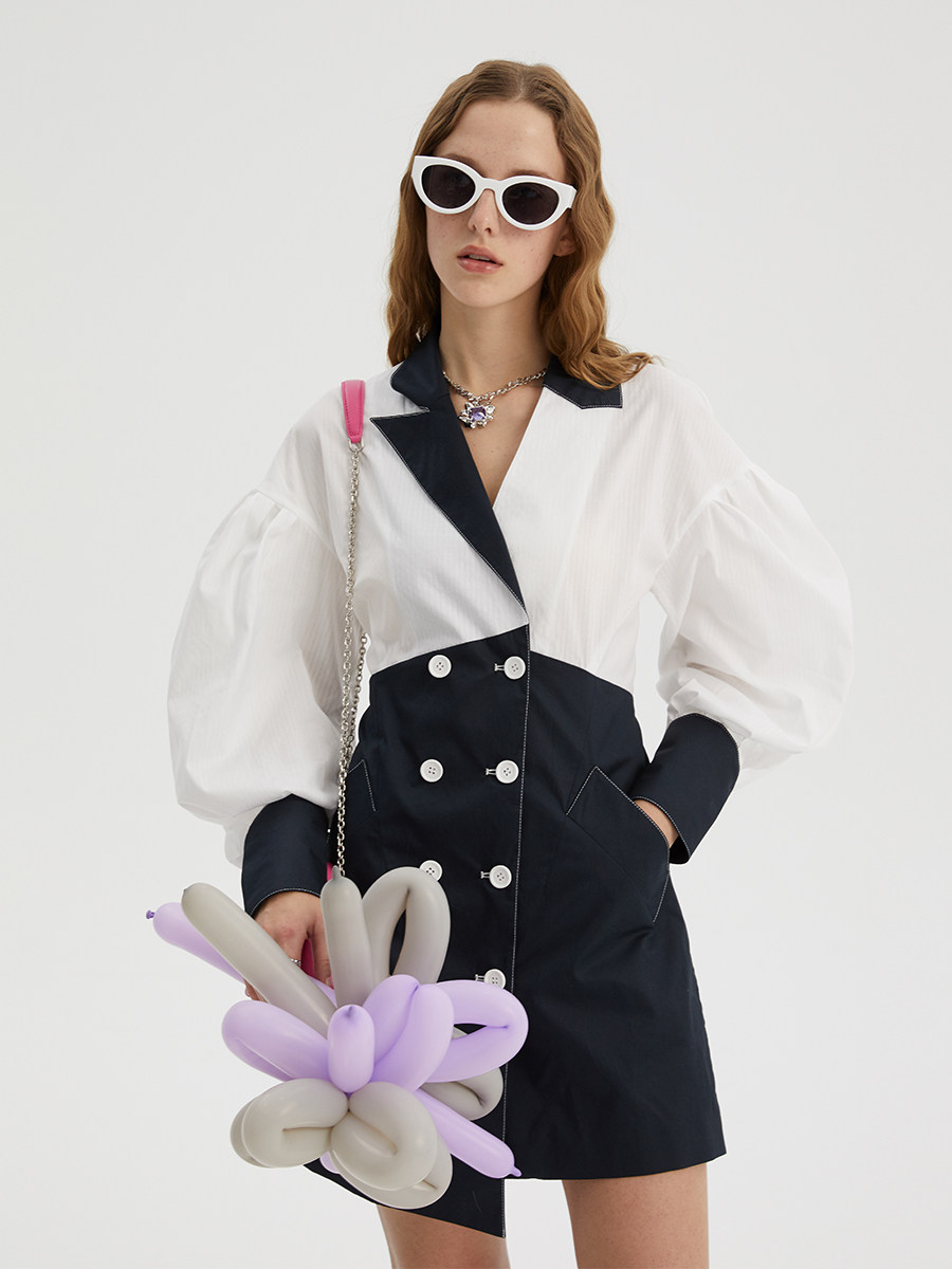 n·more设计师品牌 春夏新品 子夜蓝不对称拼接撞色衬衫裙