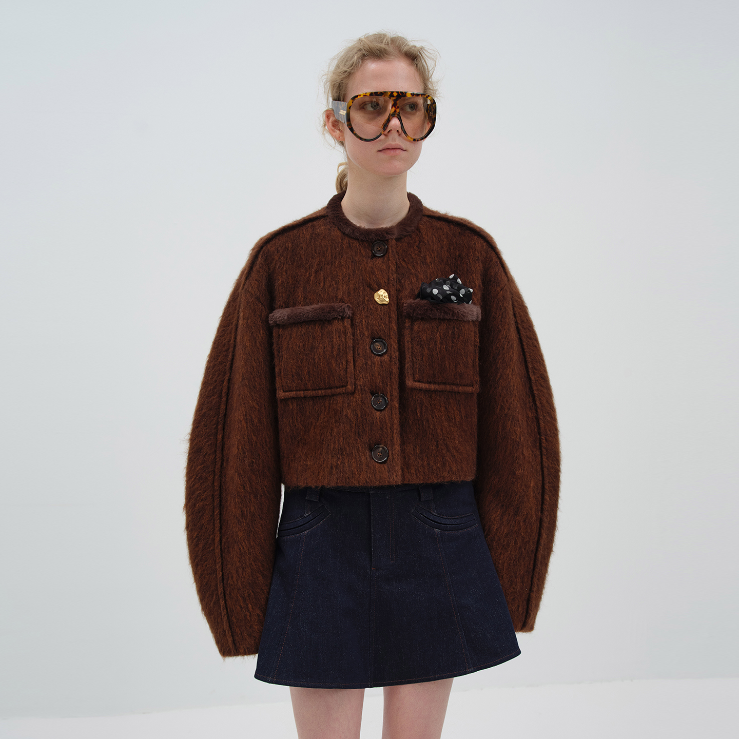 NMORE设计师品牌 25冬季新款 栗壳褐毛边装饰羊毛廓形短外套