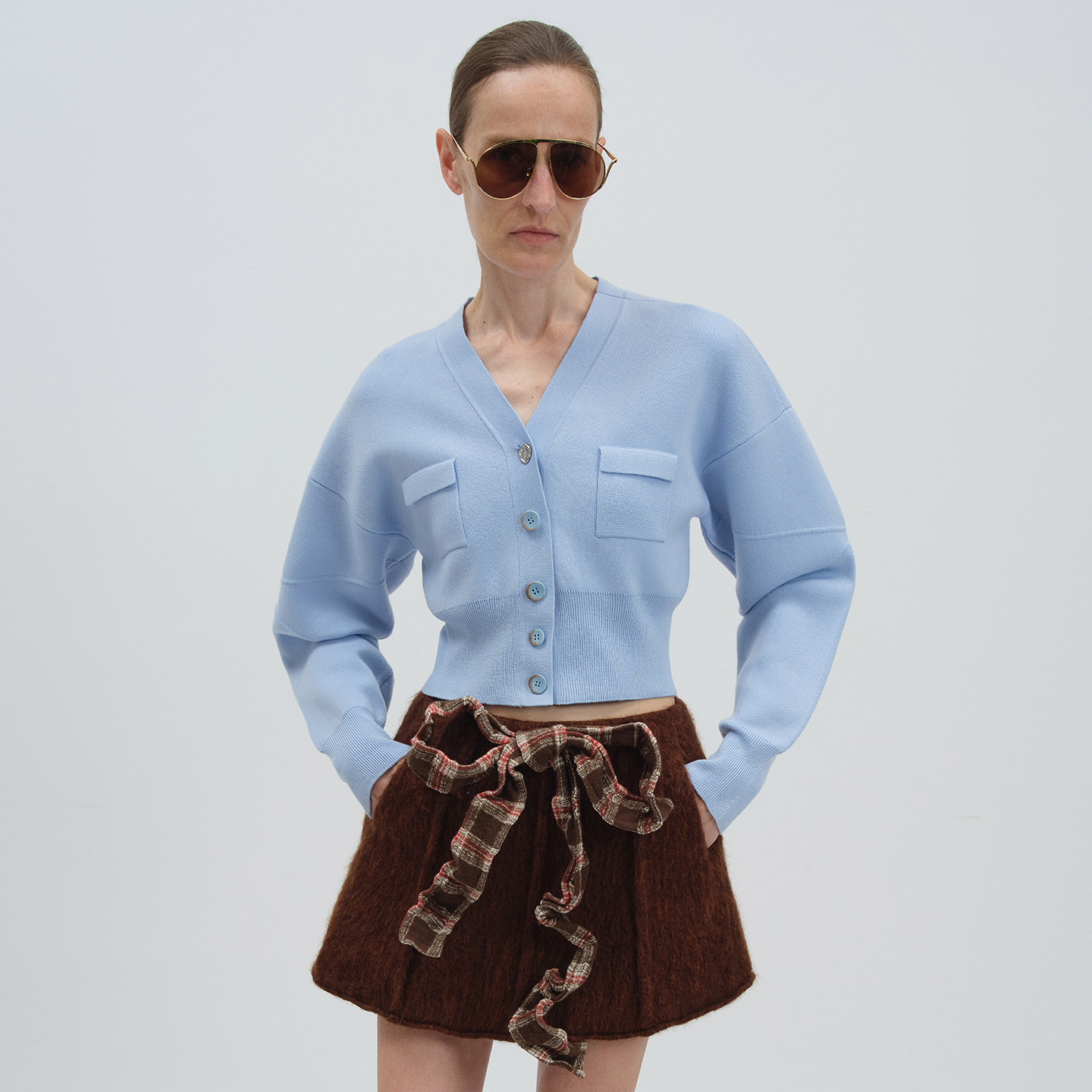 NMORE设计师品牌 25秋季新款 冰川蓝V领结构线长袖短开衫